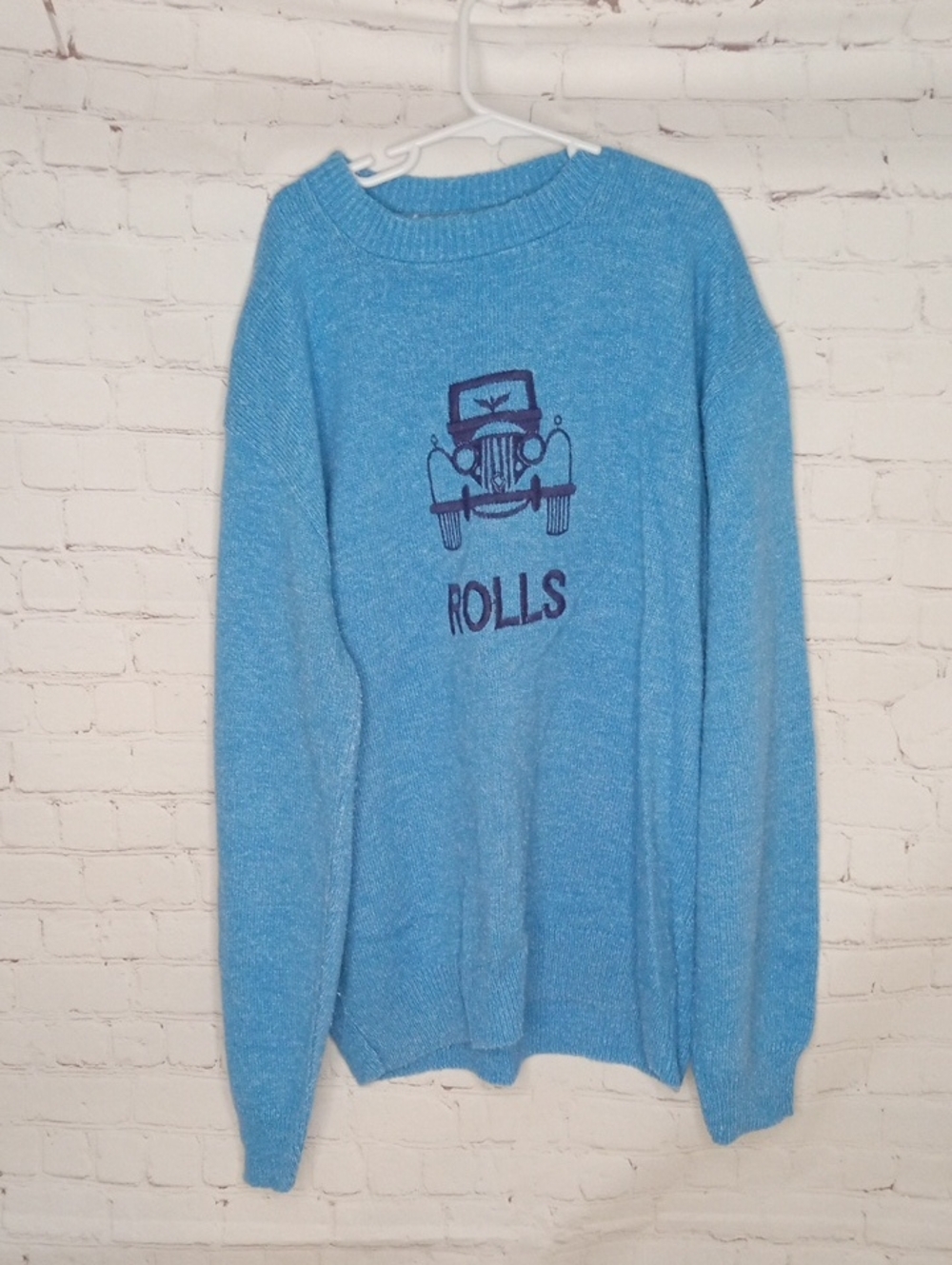 Light Blue Crewneck Sweater with Navy Car Graphic
